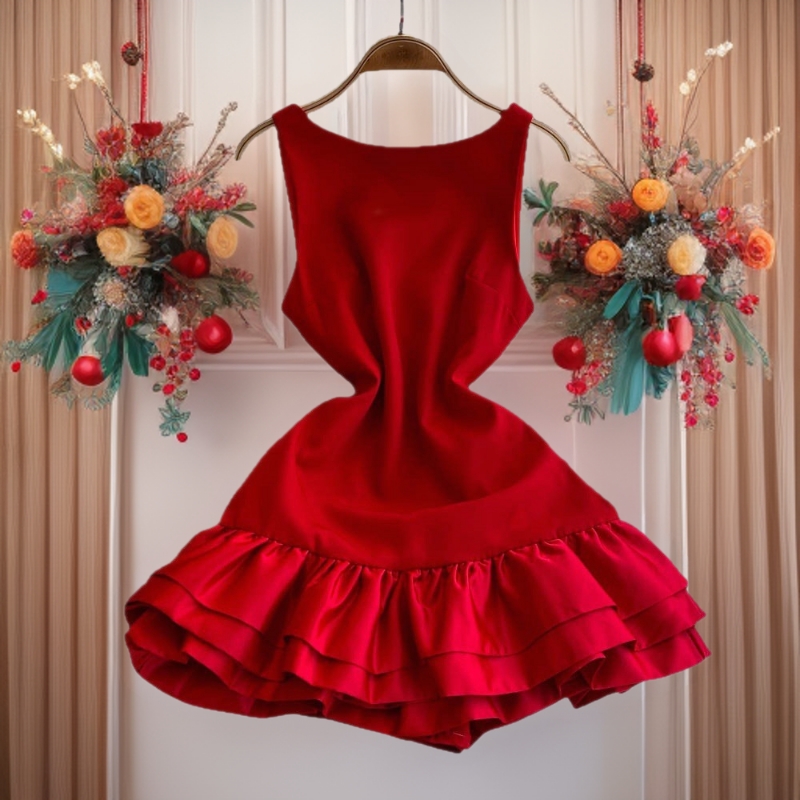 欧美性感纯欲露背吊带连衣裙女春夏季红色生日party小礼服公主花