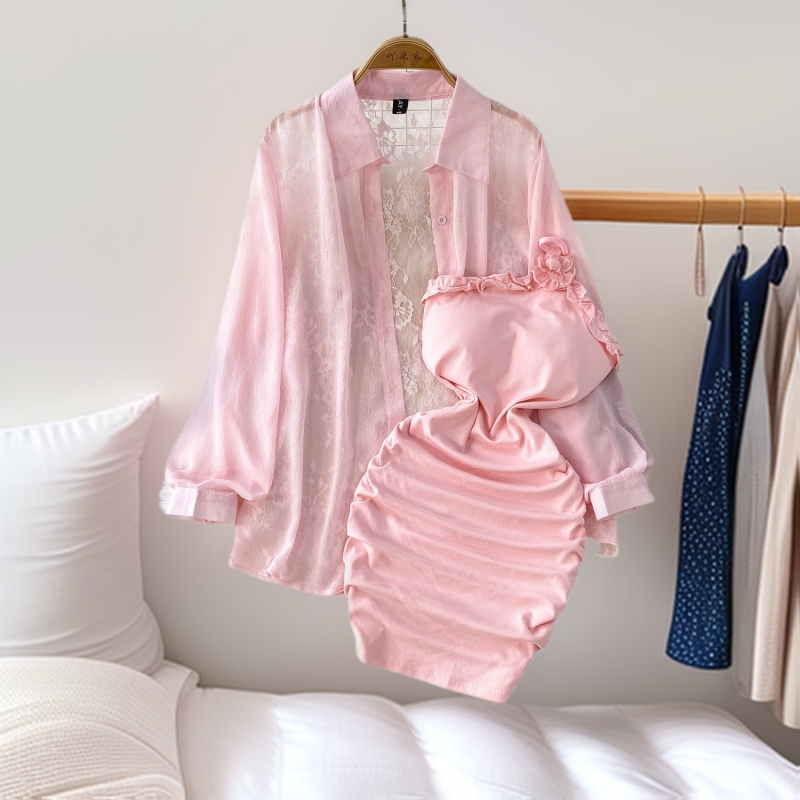 欧美韩系温柔风粉色性感蕾丝拼接长袖衬衫套装褶皱收腰显瘦包臀连