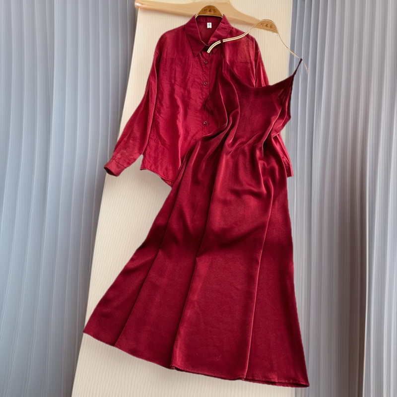 欧美法式风套装女2025春季长袖翻领防晒衬衫+宽松显瘦吊带缎面连