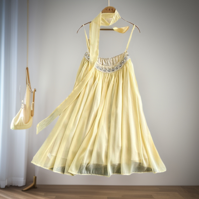 欧美镶钻吊带连衣裙女夏季新款超仙甜美公主裙度假风海边沙滩裙娃