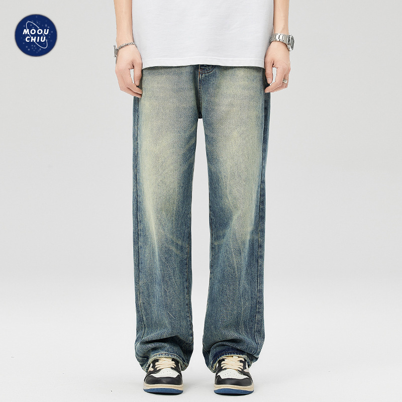 沐丘男装∣复古黄泥染高街牛仔裤男美式宽松直筒水洗做旧阔腿裤子