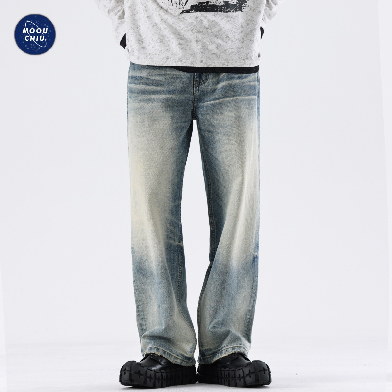 沐丘男装∣美式cleanfit猫须做旧水洗牛仔裤男vibe风高街直筒长裤