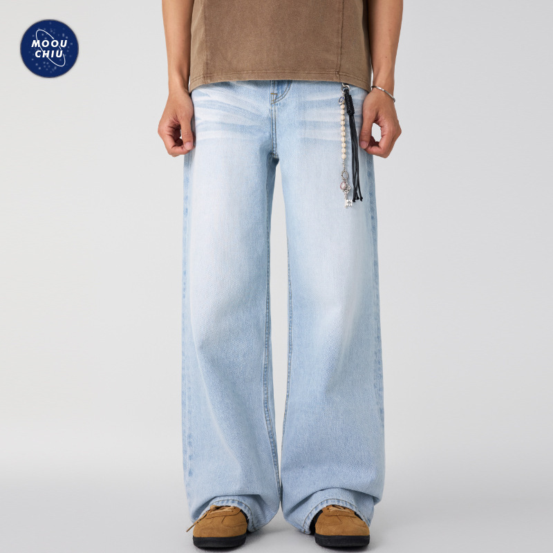 沐丘男装∣潮牌美式高街cleanfit猫须牛仔裤男宽松复古水洗阔腿裤