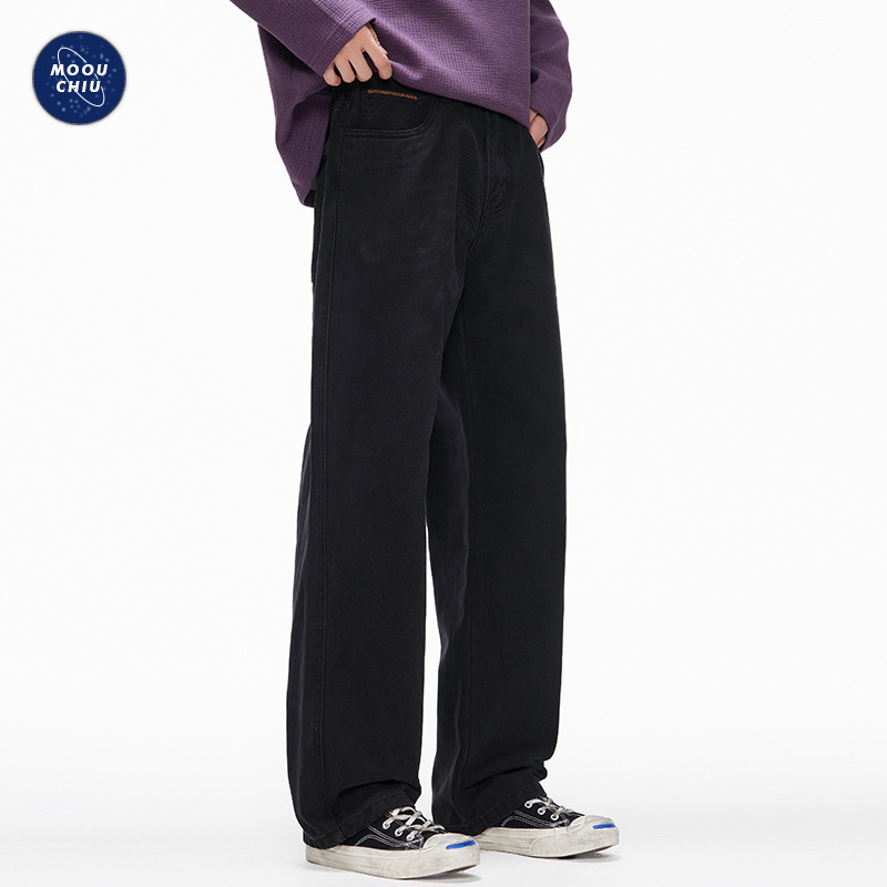 沐丘男装∣秋冬新款手缝水洗全棉牛仔裤男士宽松直筒阔腿休闲长裤