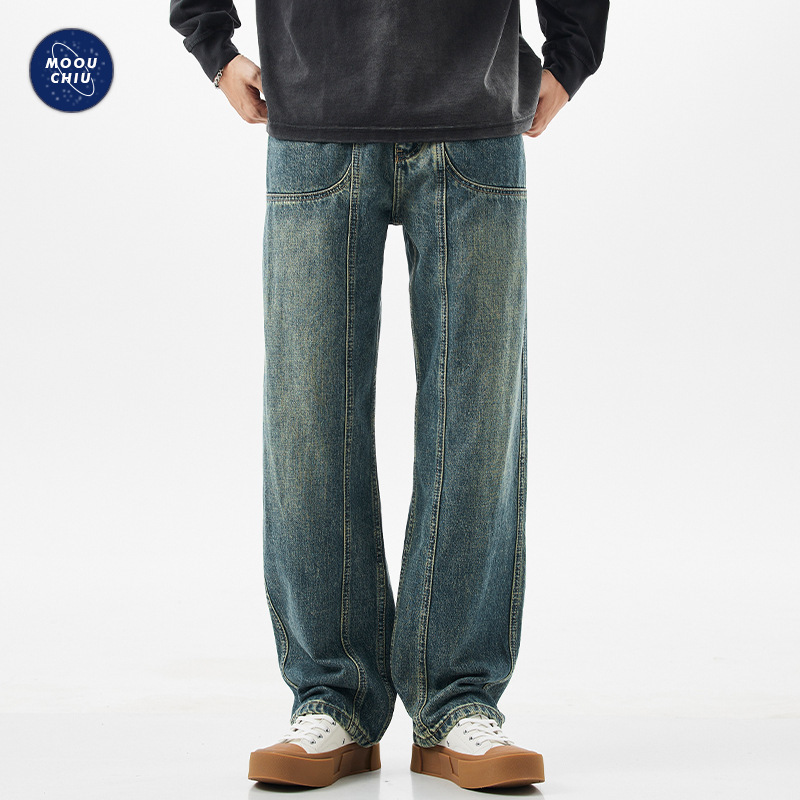 沐丘男装∣秋冬新款美式拼接复古牛仔裤男宽松直筒百搭水洗阔腿裤