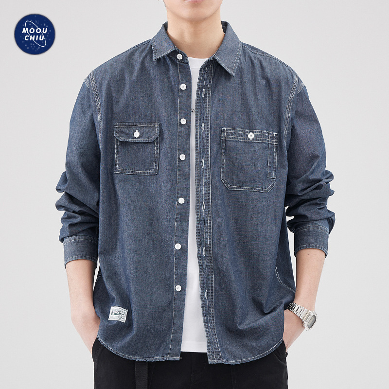 沐丘男装∣2024春秋新款潮牌日系宽松牛仔衬衣男ins男友风休闲衬