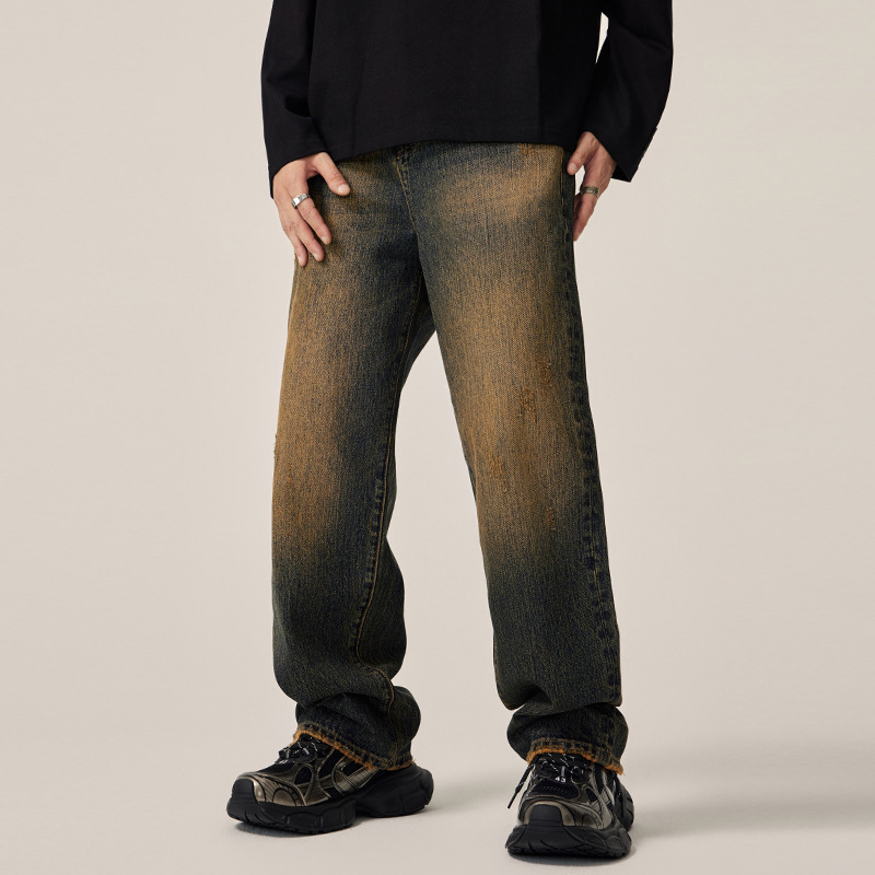 沐丘男装∣美拉德高街做旧水洗复古牛仔裤男士宽松直筒黄泥阔腿裤